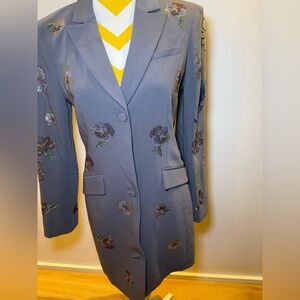 Cinq à Sept Gray/Blue Floral Sequin Embroidered Coat Dress